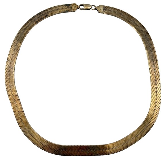 Italy Gold Tone Sterling Silver Wide Chain Necklace 20in Flat Herringbone Collar
